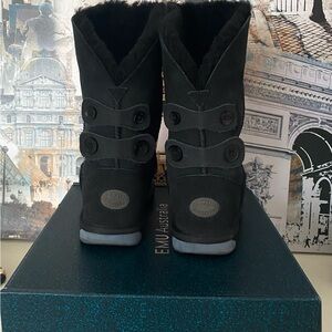 EMU Alba Black Women’s 7 Mid Calf Australian Sheepskin Boots Button Strap Detail